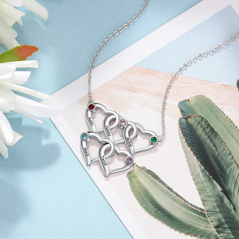 Collier Coeur 5 Prénoms Personnalisés Pendentif avec 5 Pierre de Naissance｜Jessemade