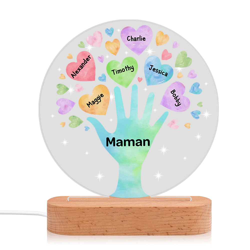 À Maman/Mamie - Lampe de chevet LED Lumières Cœur 6 Prénoms Personnalisés avec 1 Texte pour Famille