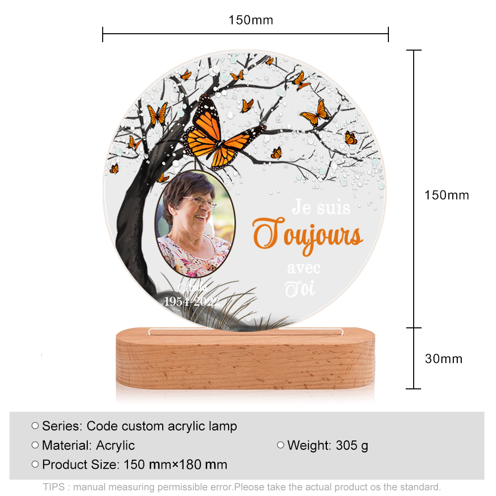 Lampe de chevet LED Commémorative 1 Prénom et Photo Personnalisés avec Date