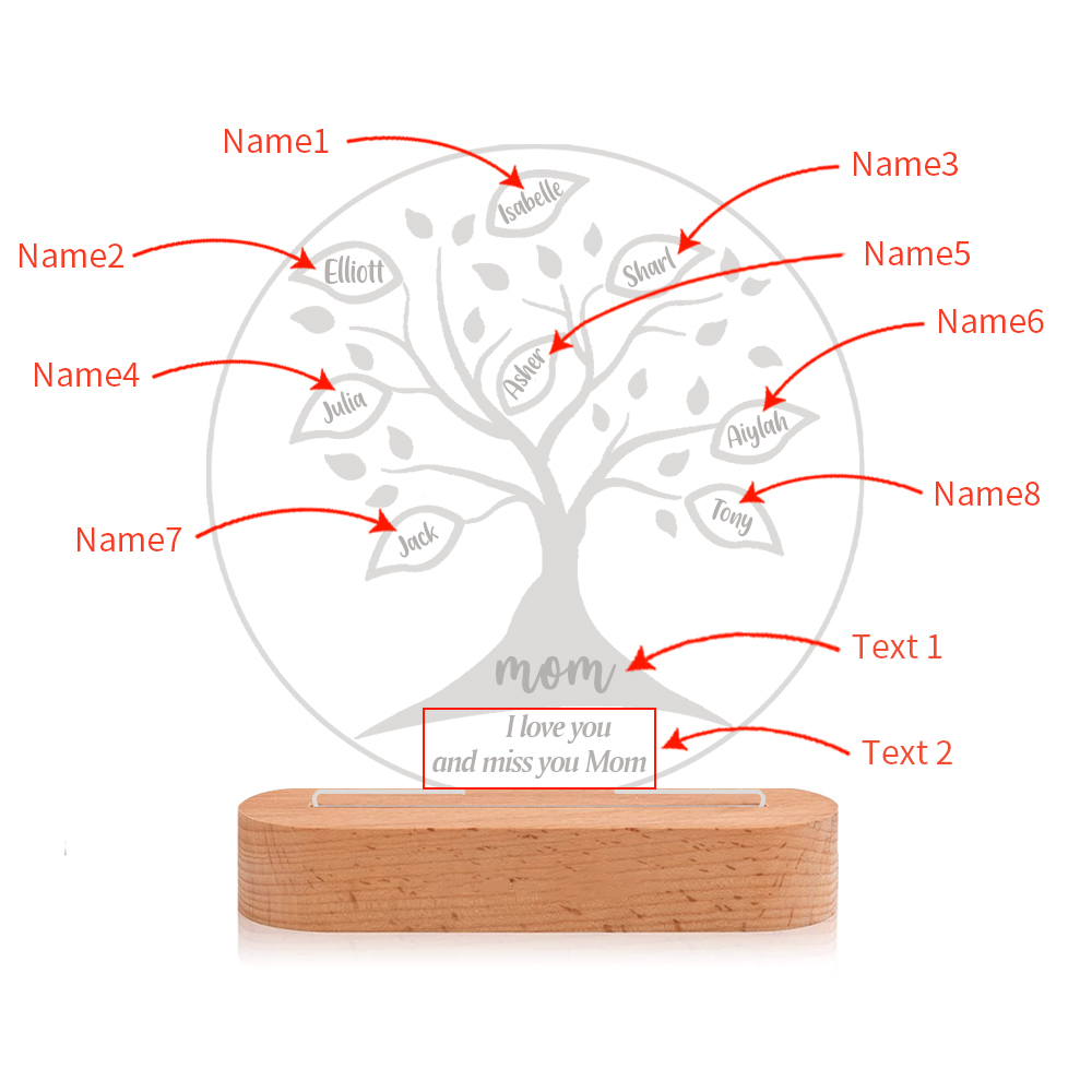 Lampe de chevet LED Arbre de vie Arbre généalogique 8 prénoms personnalisés avec 2 textes
