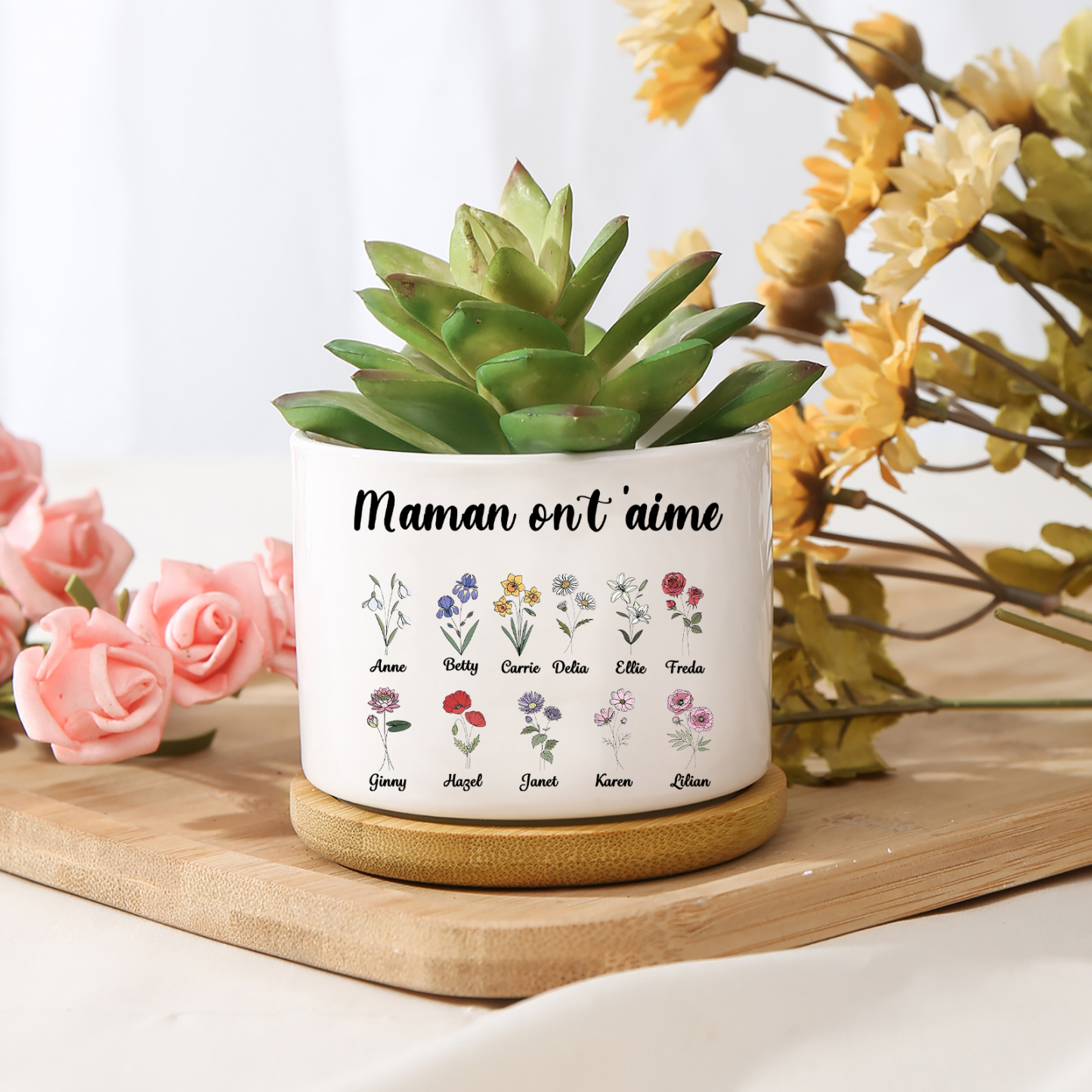 Vase/Pot de Fleurs 11 Prénoms et 1 Texte Personnalisés avec Fleurs de Naissance Décoration de la Maison (sans plantes)