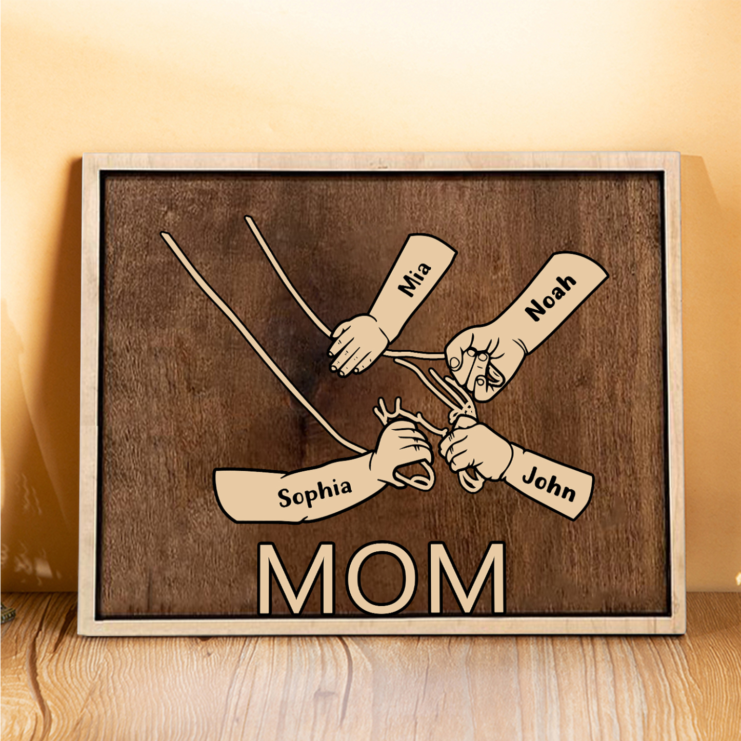 À Papi/Mamie - Cadre en Bois la Main dans la Main 4 Prénoms Personnalisés avec Texte Cadeau pour Famille
