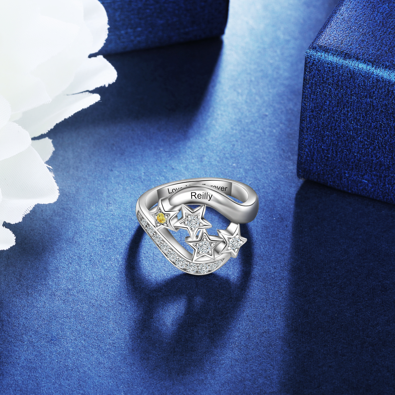 Bague étoilé 1 Prénom Personnalisé avec 1 Pierre de Naissance et texte en Argent 925