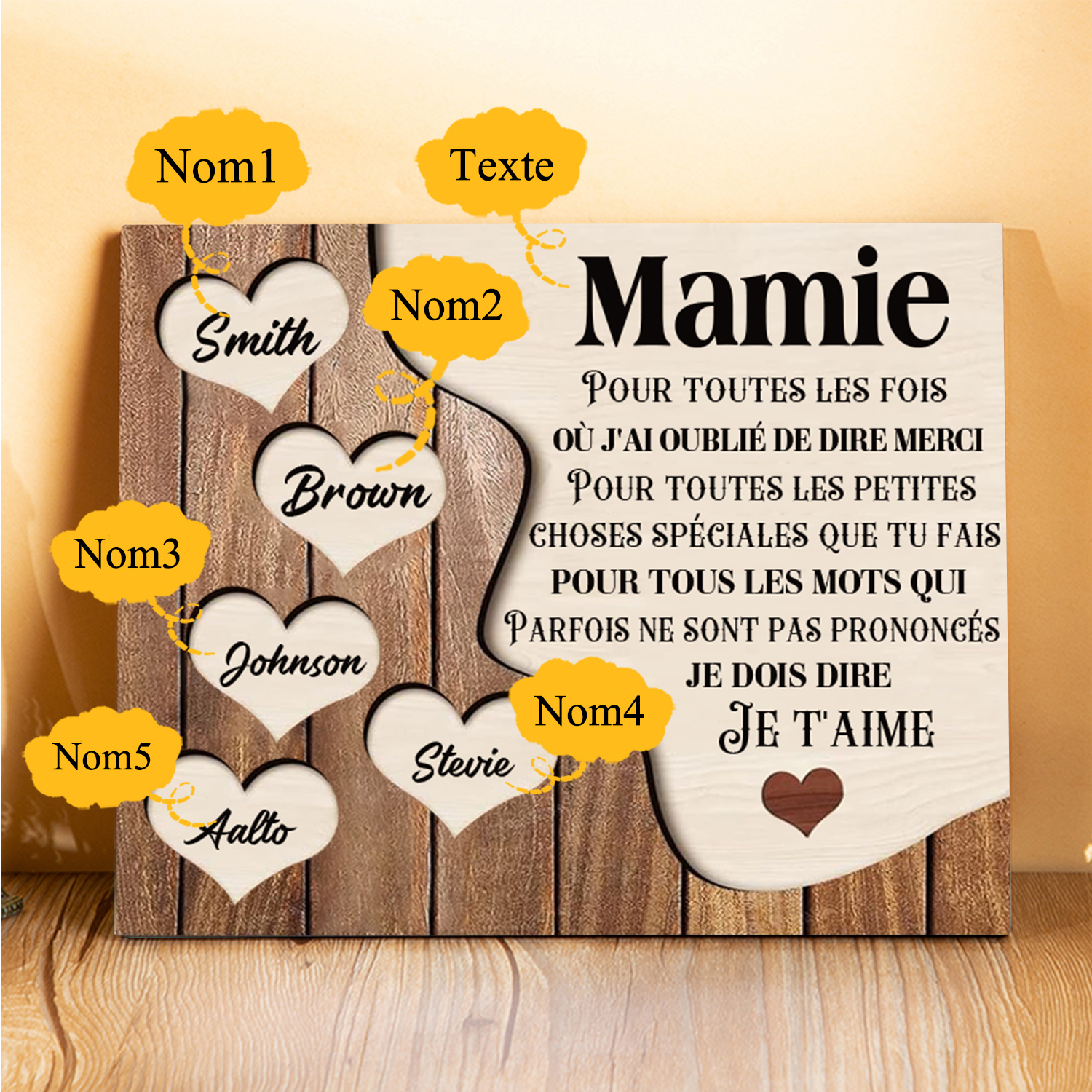 À ma Maman/Mamie - Cadre en Bois 5 Prénoms Personnalisés avec Texte Cadeau pour Famille