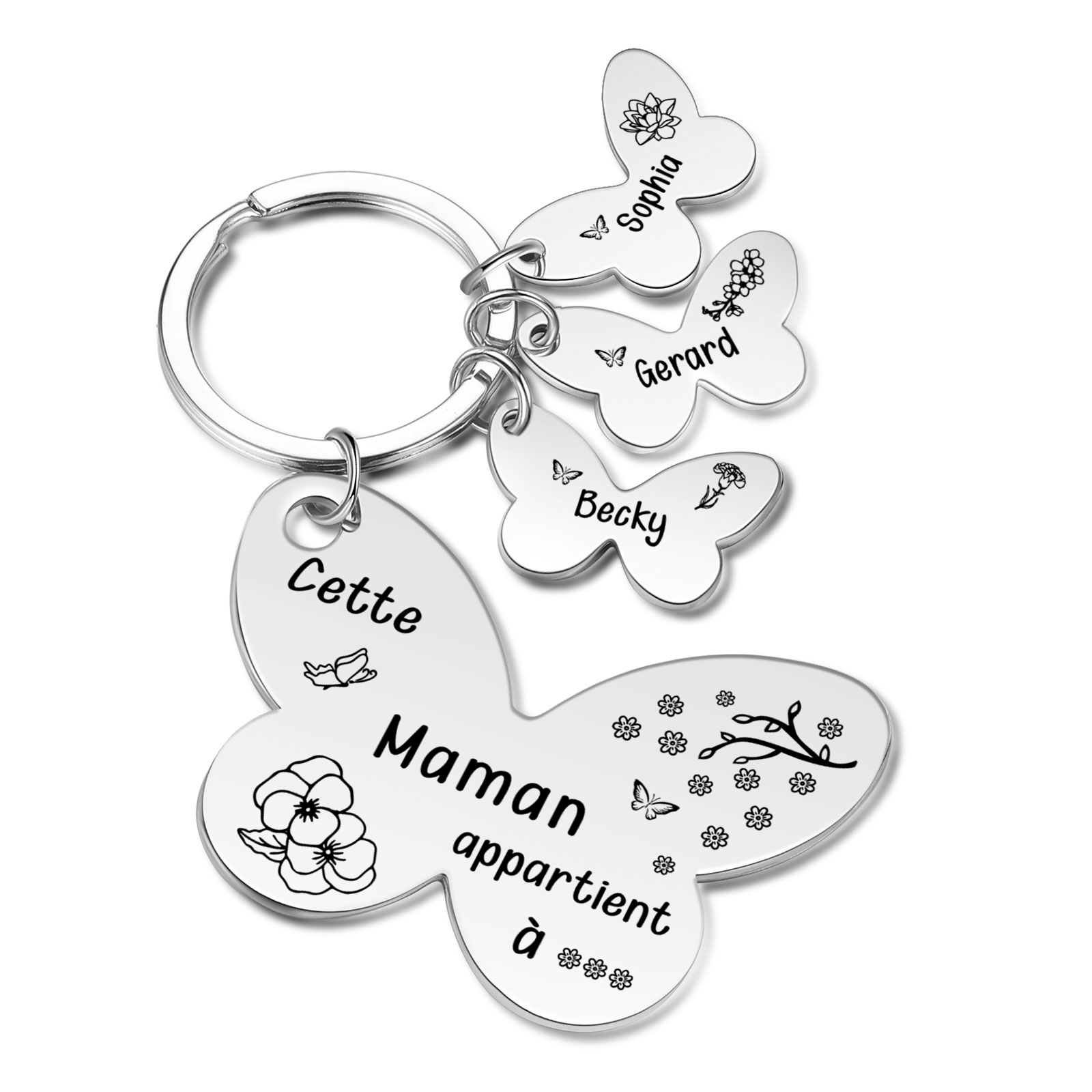 À Maman/Mamie - Porte-Clés Papillon 3 Prénoms et Fleurs de Naissance Personnalisés avec Texte 
