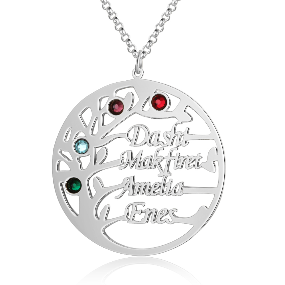 Collier Argent Arbre de vie Arbre généalogique 4 prenoms Avec Pierre De Naissance