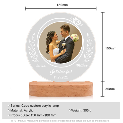 Lampe de chevet Couple LED Lumières 2 Prénoms et 1 Photo Personnalisés avec Date et Texte