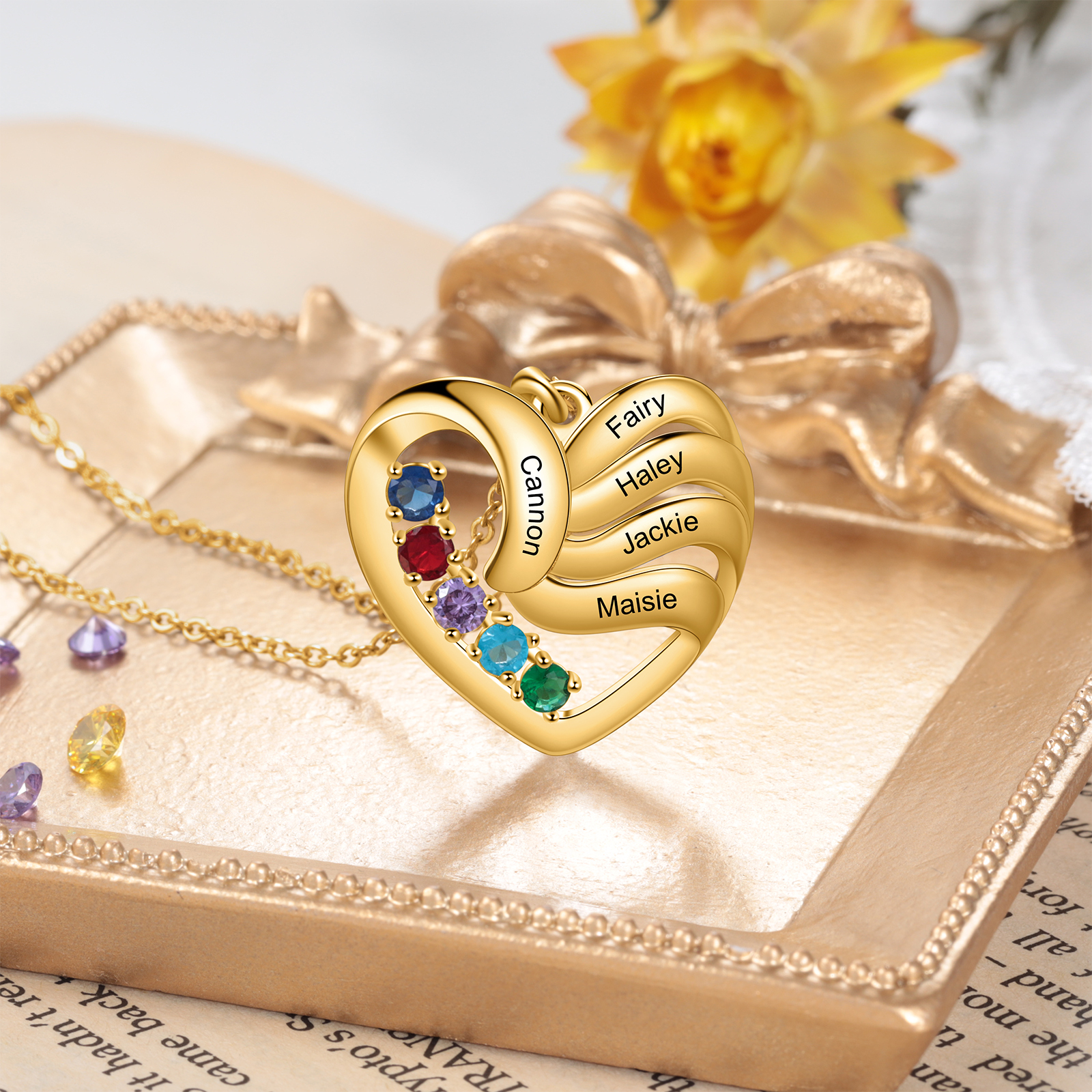 Collier Coeur Personnalisé avec 5 Prénoms 5 pierre de naissance｜Jessemade