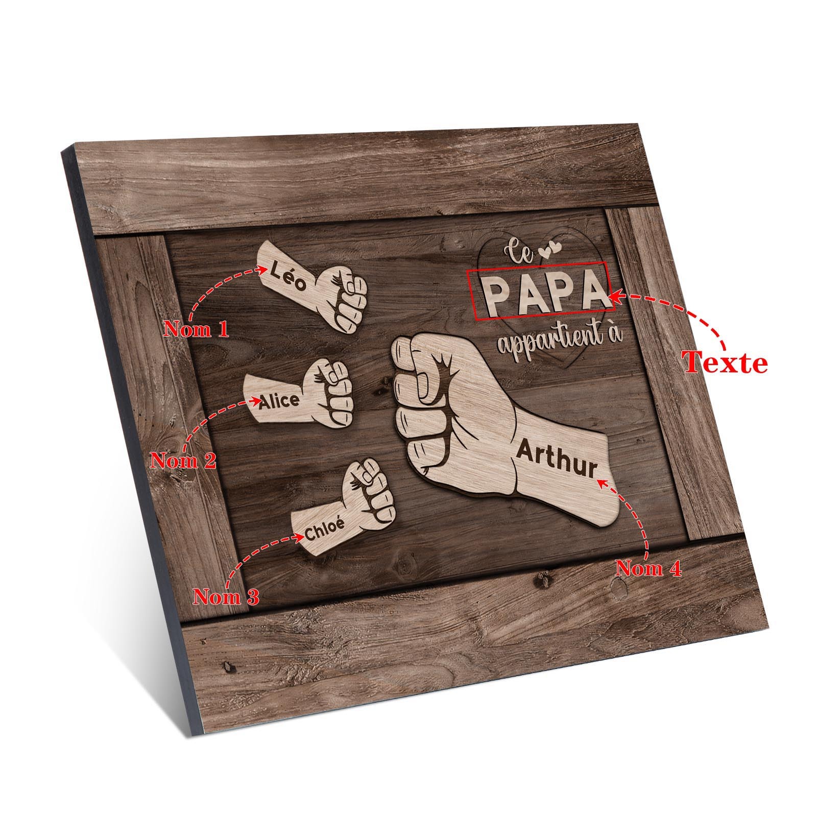 À Mon Papa/Papy-Cadre Imprimé en Bois Poings 4 Prénoms Personnalisés avec Texte