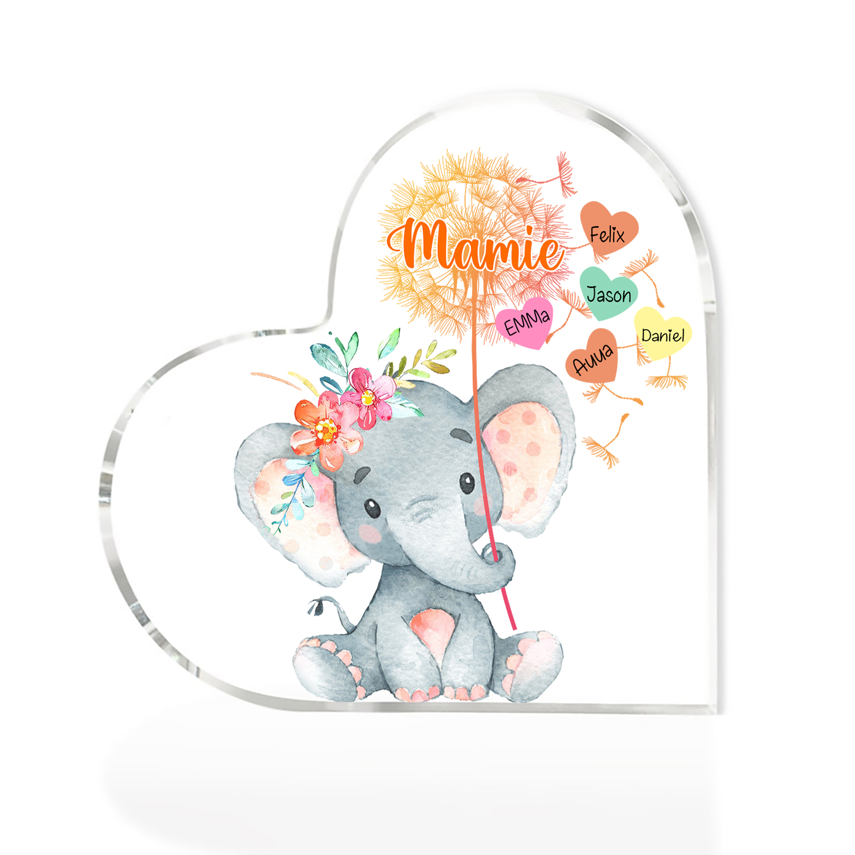À ma Mamie - Plaque Acrylique Éléphant en Forme de Cœur 5 Prénoms Personnalisés