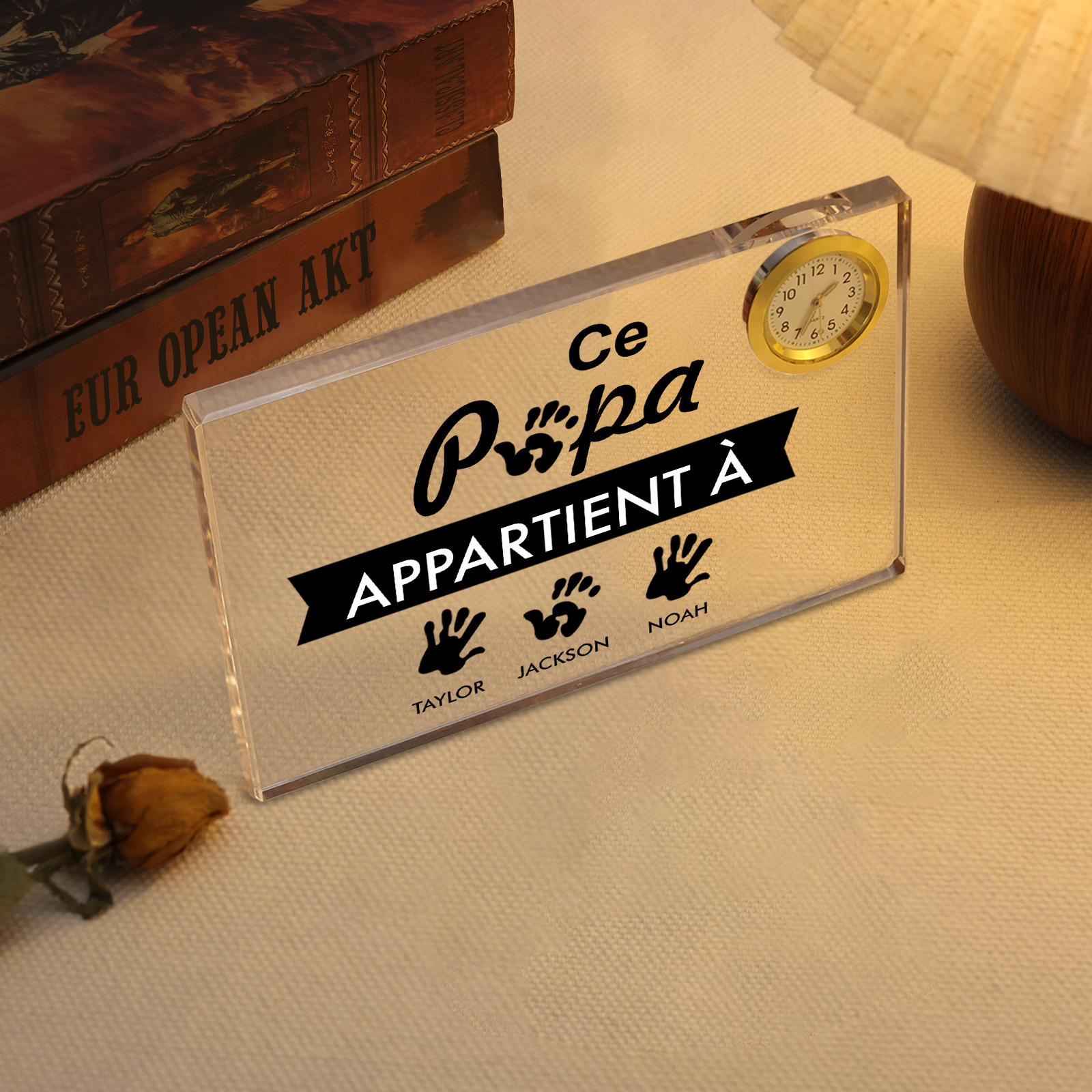 À mon papa - Plaque Acrylique rectangle avec Horloge Empreinte De Main 3 Prénoms Personnalisés