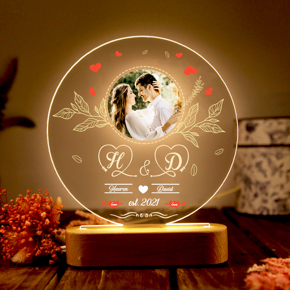 Lampe de chevet Couple LED Lumières 2 Prénoms et 2 Lettres Personnalisés avec Date et Photo