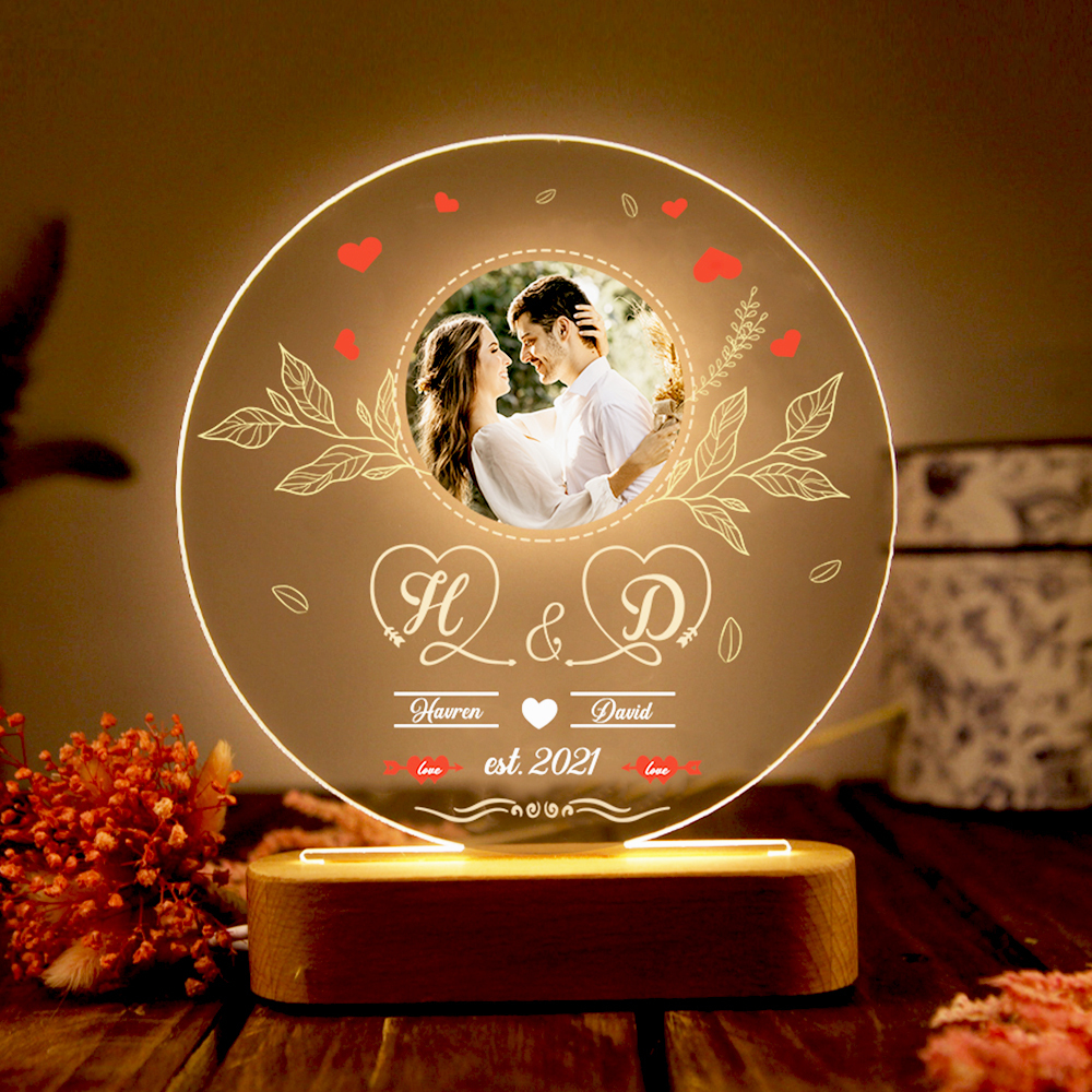 Lampe de chevet Couple LED Lumières 2 Prénoms et 2 Lettres Personnalisés avec Date et Photo