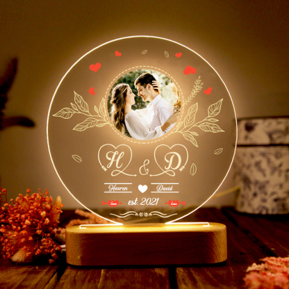 Lampe de chevet Couple LED Lumières 2 Prénoms et 2 Lettres Personnalisés avec Date et Photo