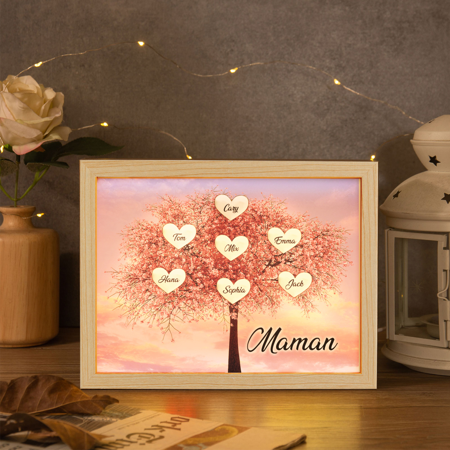 Cadre Photo LED Arbre de Vie 7 Prénoms et 1 Texte Personnalisé Décoration Famille