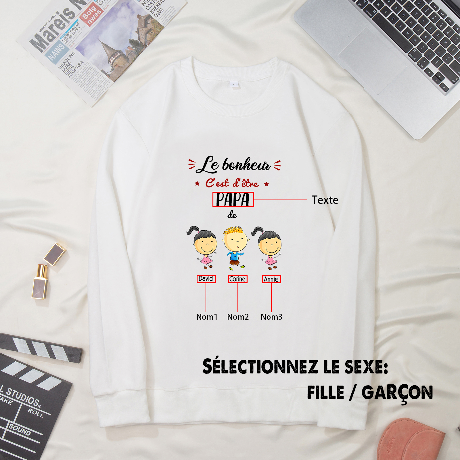 Sweat-Shirt 3 Enfants 3 Prénoms Personnalisés avec Texte
