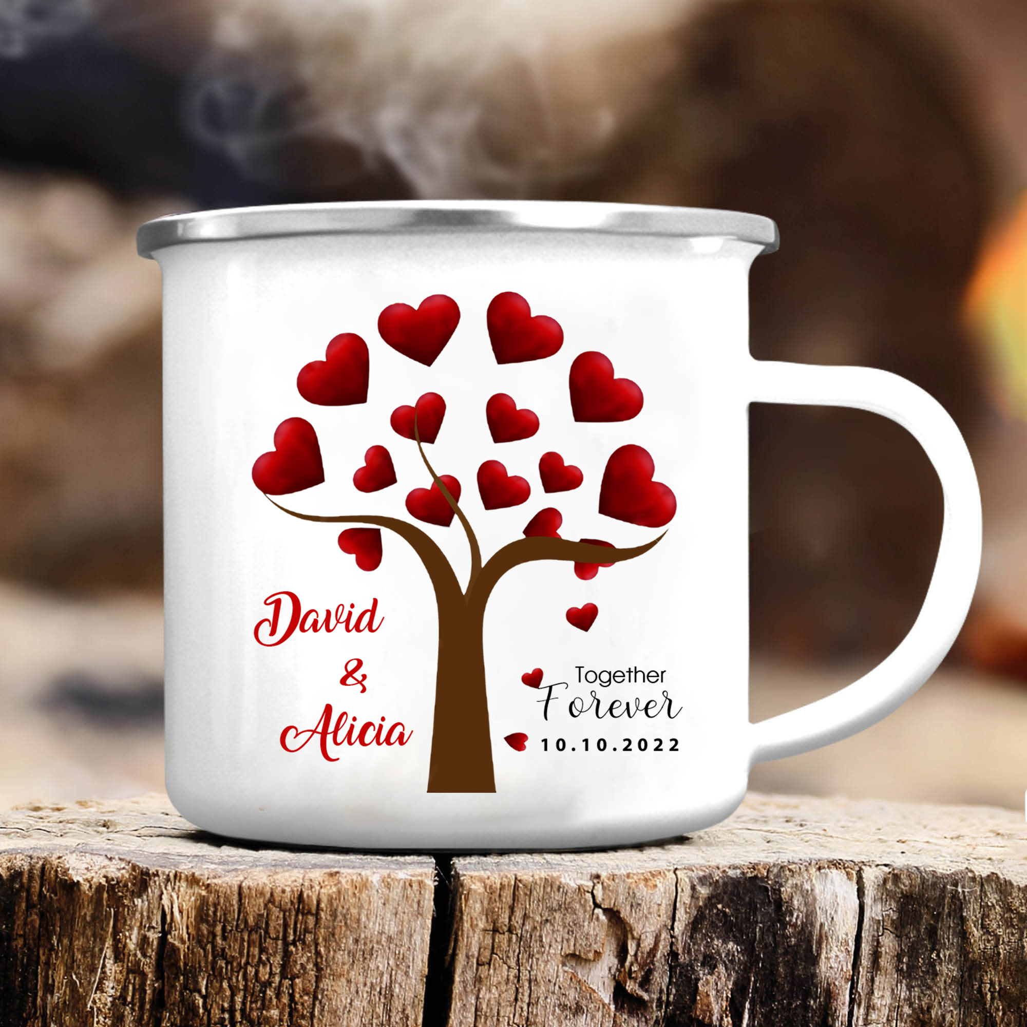 Tasse émaillée 2 Prénoms Personnalisés avec Texte et Date pour Couple