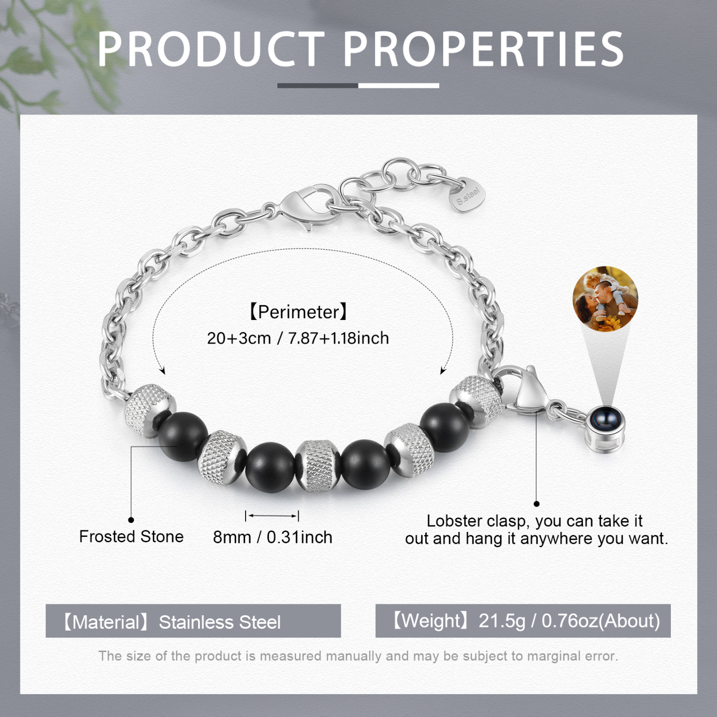 Bracelet Perles Projection de Pierres Photo Personnalisée