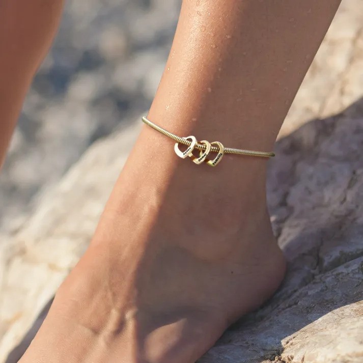 Bracelet Cheville Réglable Prénom Personnalisés Pour Femmes Avec 3 Pendentif Coeur