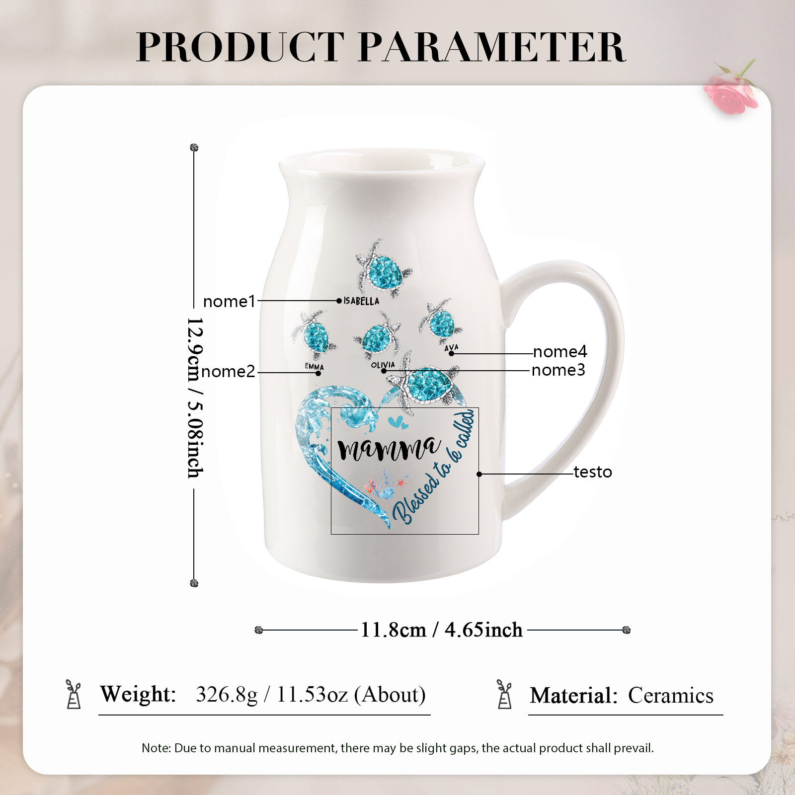 Vase à Fleurs Tortue de Mer 4 Prénoms Personnalisés avec 1 Texte Décoration de la Maison