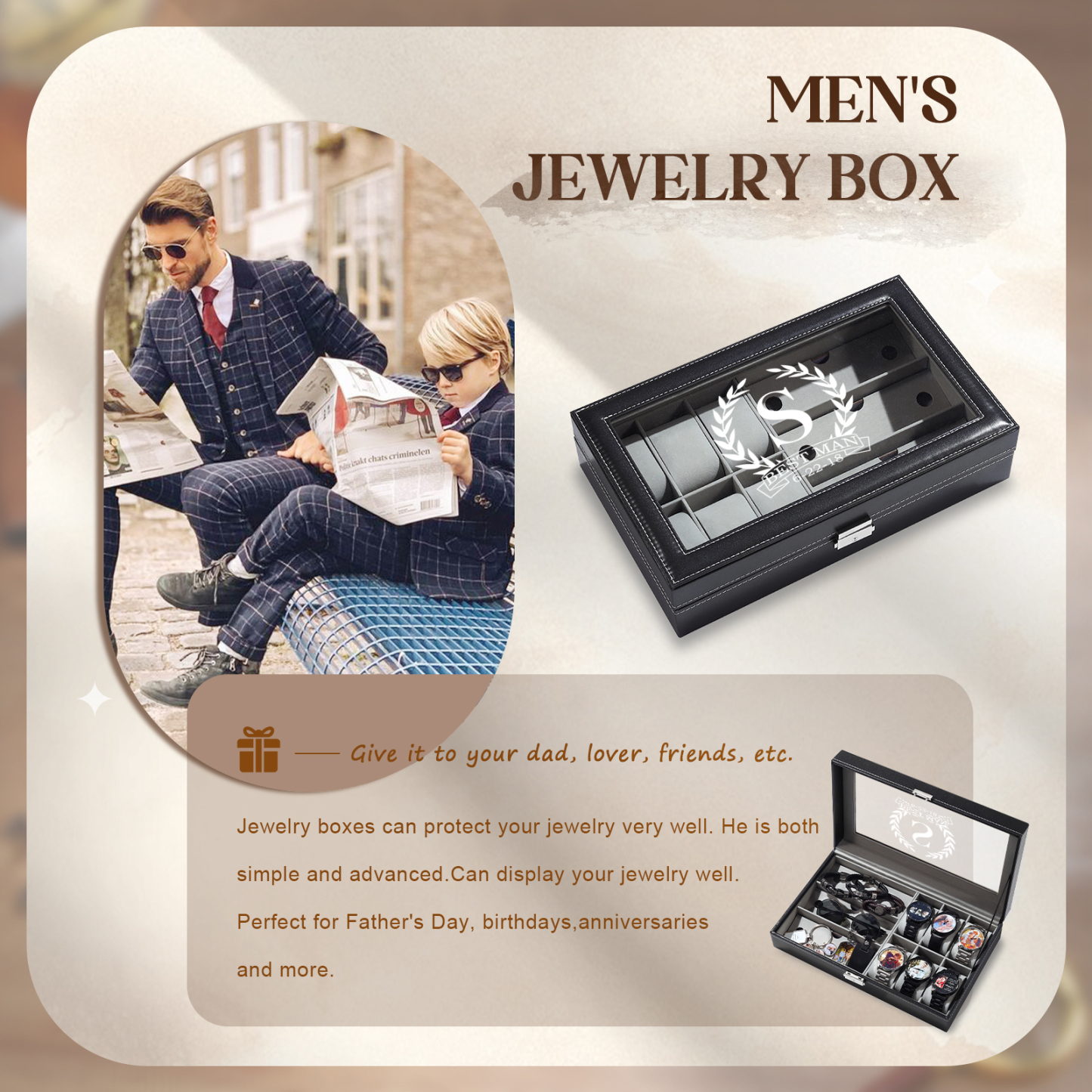 Boîte à Montre et Bijoux 1 Lettre et 2 Textes Personnalisés Coffret Cadeau pour Hommes
