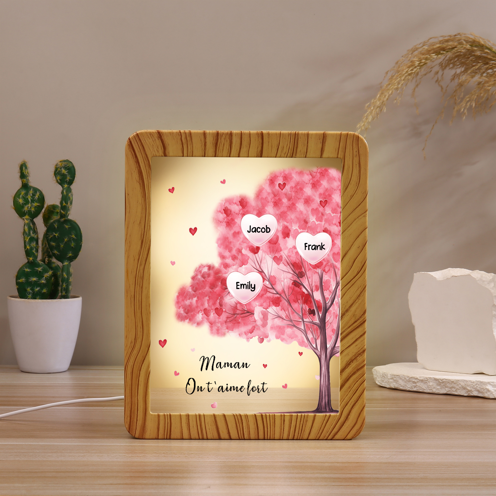 Cadre Photo/Miroir LED Multifonctionnel Arbre 3 Prénoms Personnalisés avec Texte pour Famille
