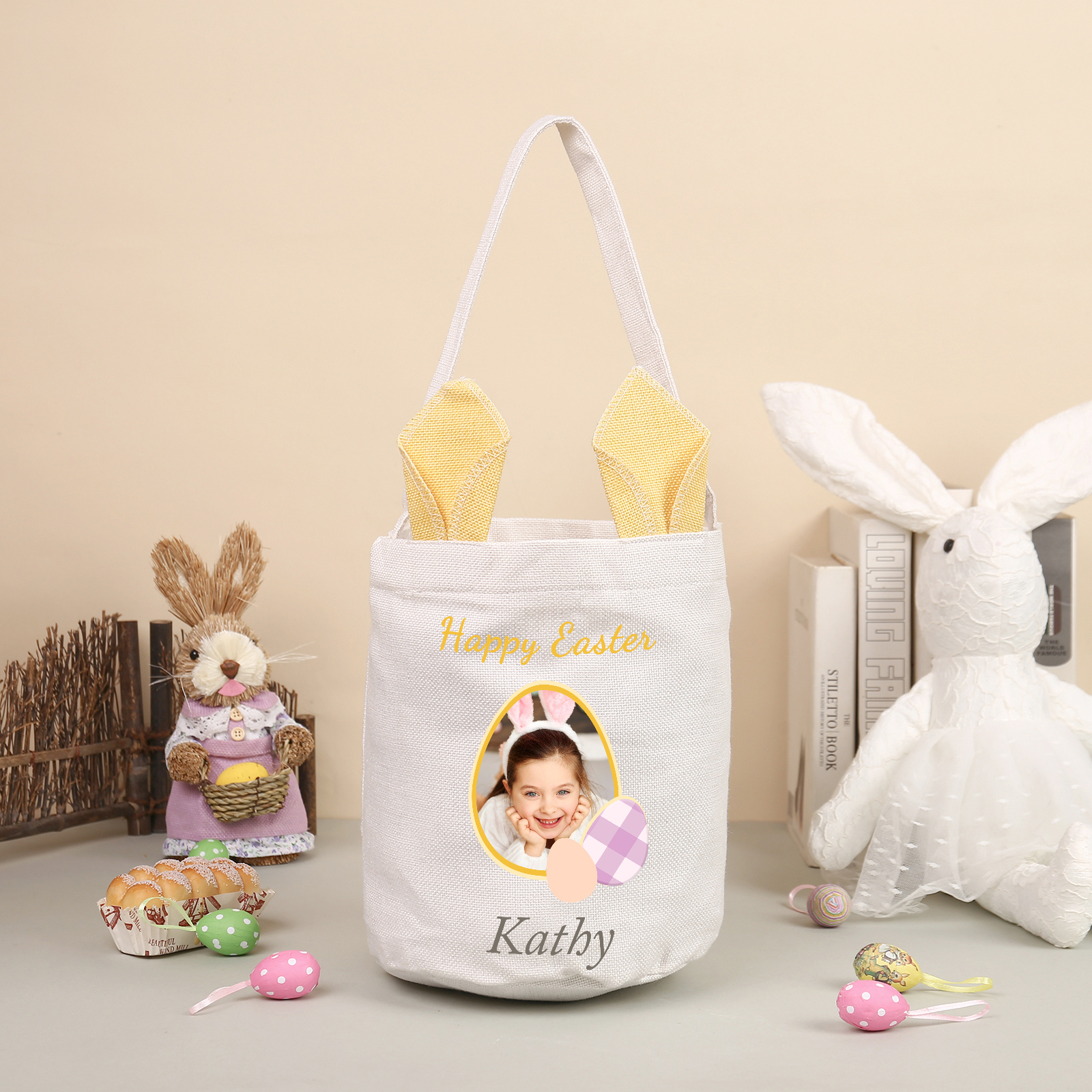 Sac de Pâques Lapin 1 Prénom et Photo Personnalisés avec Texte