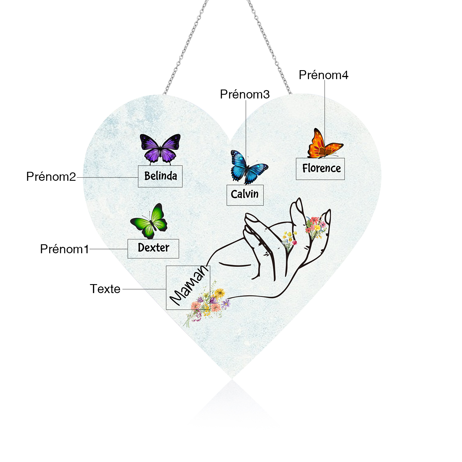 À Maman/Mamie - Veilleuse Cœur Décoration Main et Papillon 4 Prénoms Personnalisés avec 1 Texte