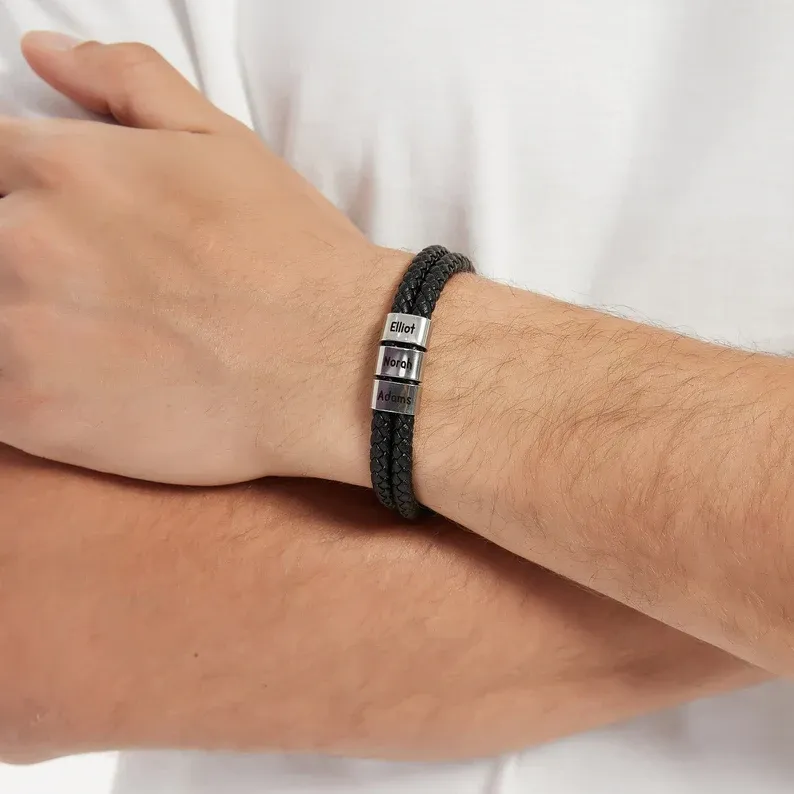 Bracelet Cuir tressé 2 Perles Prénom Personnalisé Bracelet Homme
