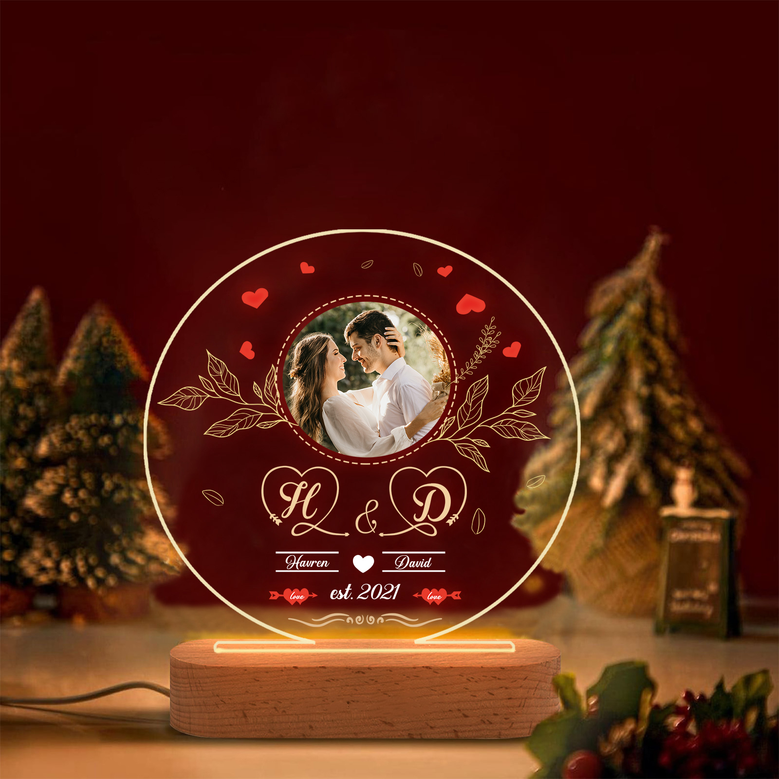 Lampe de chevet Couple LED Lumières 2 Prénoms et 2 Lettres Personnalisés avec Date et Photo