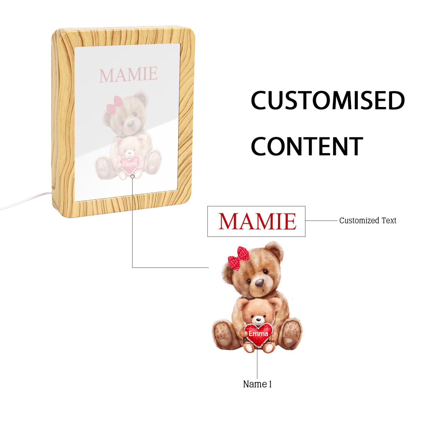Cadre Photo/Miroir LED Multifonctionnel Ours 1 Prénom Personnalisé avec Texte pour Famille