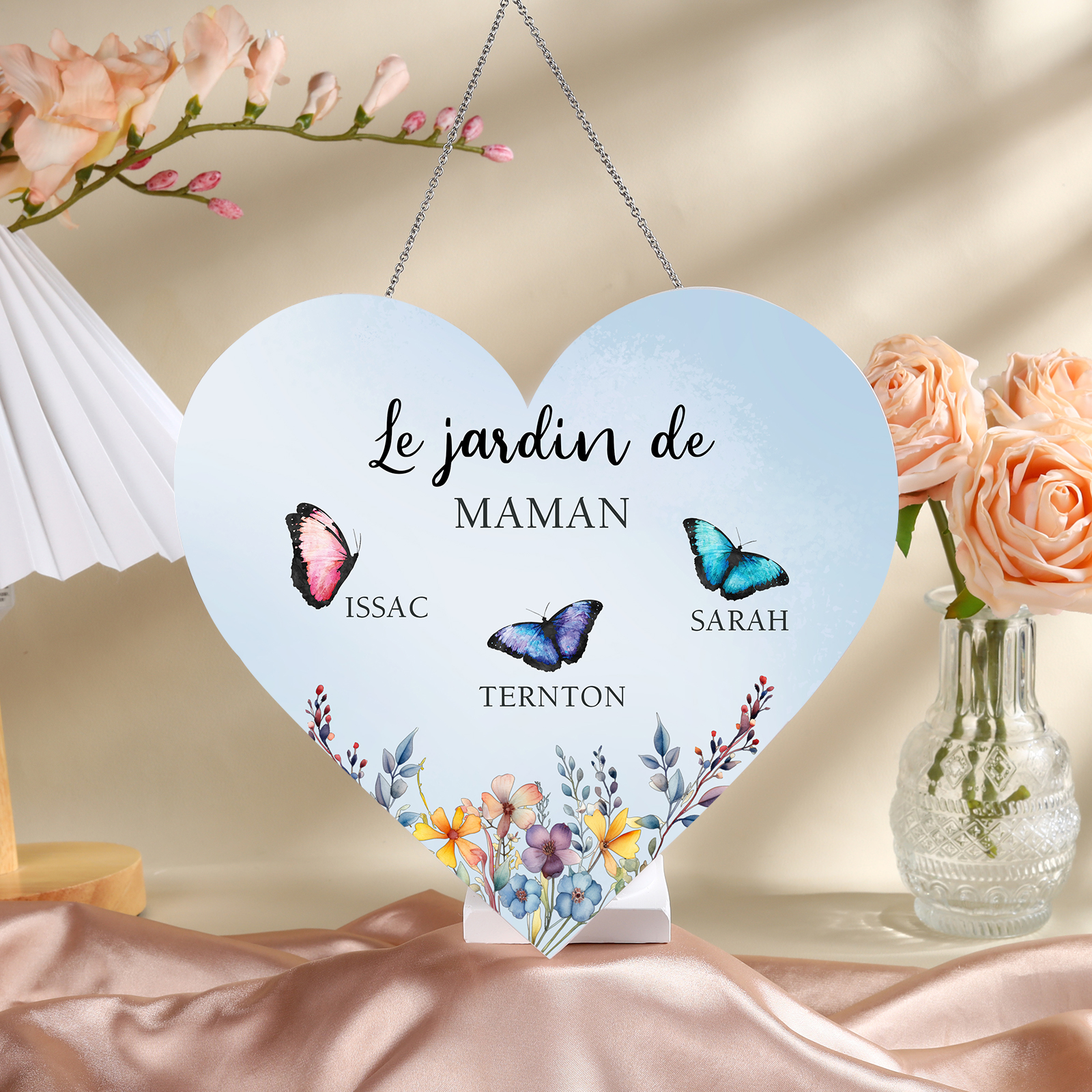 À Maman/Mamie - Veilleuse Cœur Décoration Fleur et Papillon 3 Prénoms Personnalisés avec 1 Texte