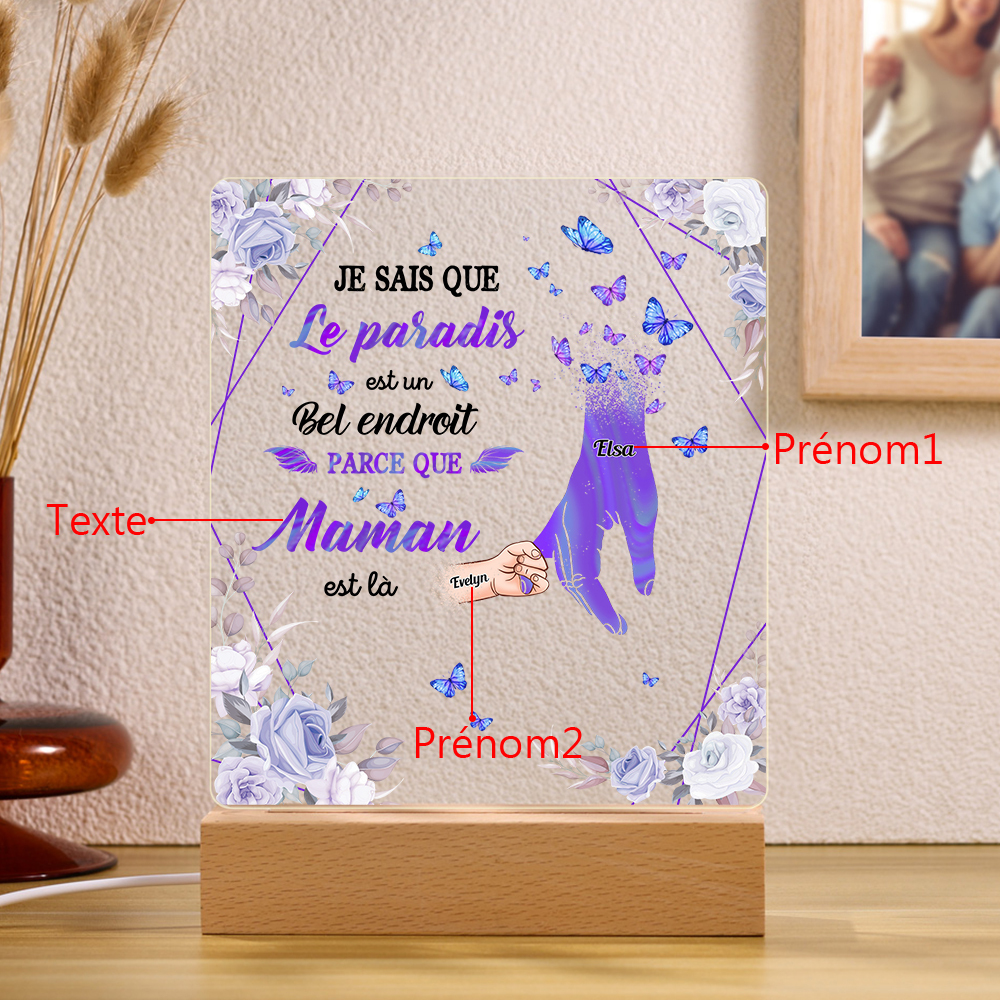 À Maman/Papa - Lampe de chevet LED Commémorative 2 Prénoms Personnalisés avec 1 Texte Lampe de chevet la main dans la main