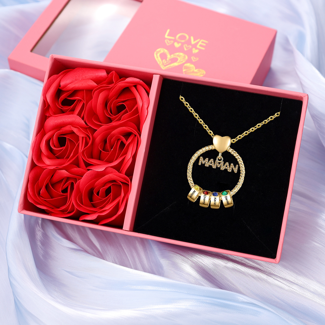 À ma Maman - Collier Pendentif 4 Prénoms Personnalisés avec Pierre de naissance