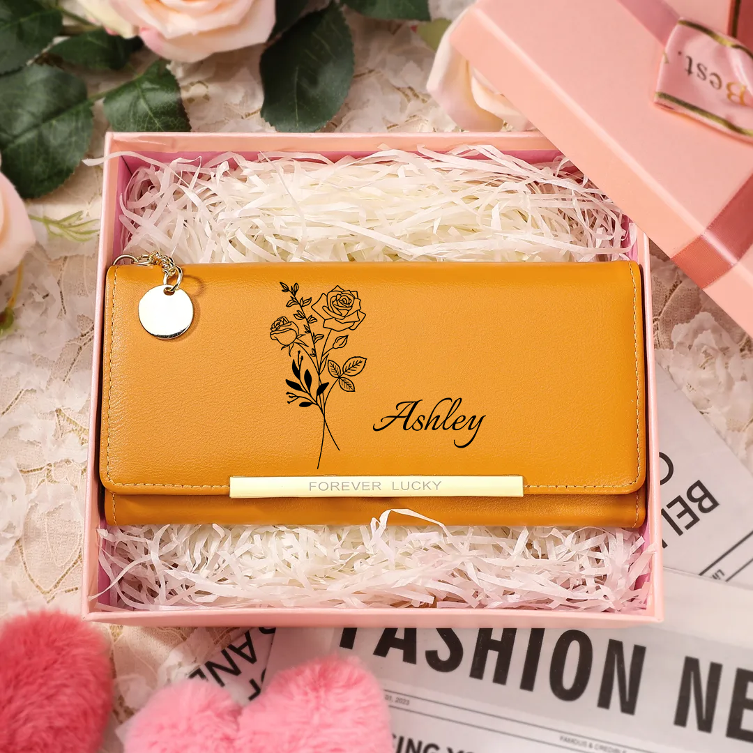 🔥HOT!Portefeuille Personnalisé en cuir PU avec Fleur de Naissance et Prénom Porte-monnaie pour Femme | Jessemade