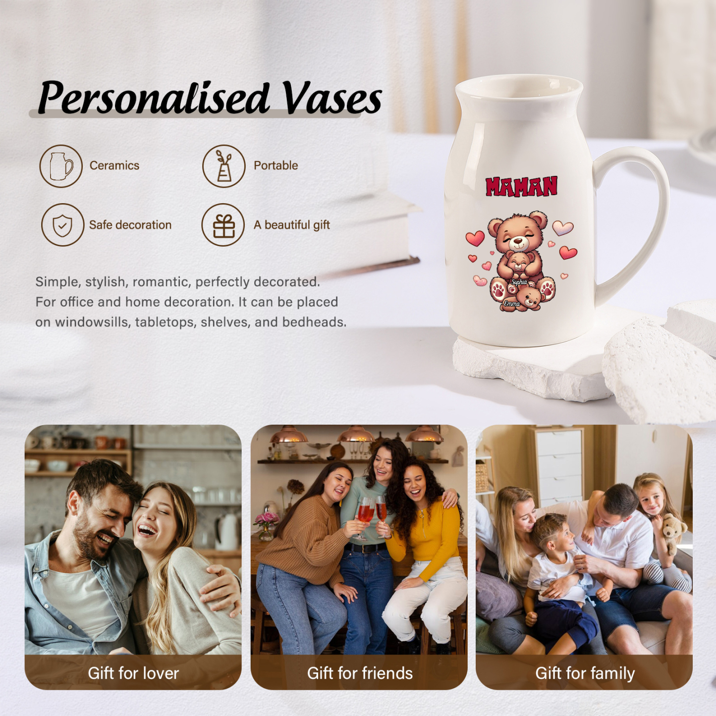 Vase à Fleurs Ours 2 Prénoms Personnalisés avec Texte Décoration de la Maison