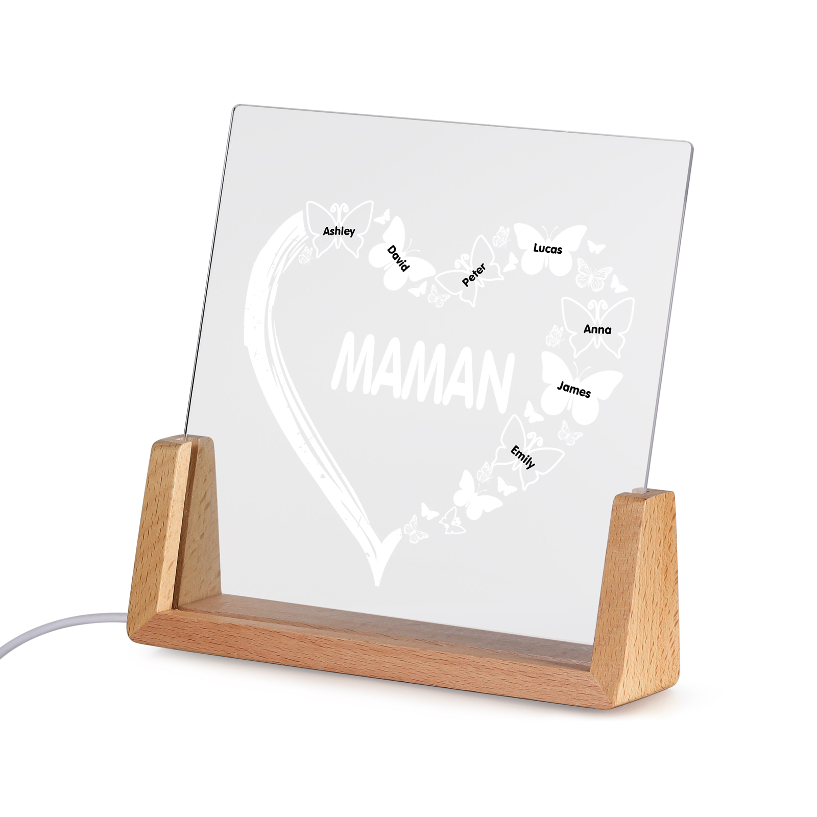 À Maman/Mamie - Lampe de chevet LED Cœur et Papillon 7 Prénoms Personnalisés avec Texte pour Famille