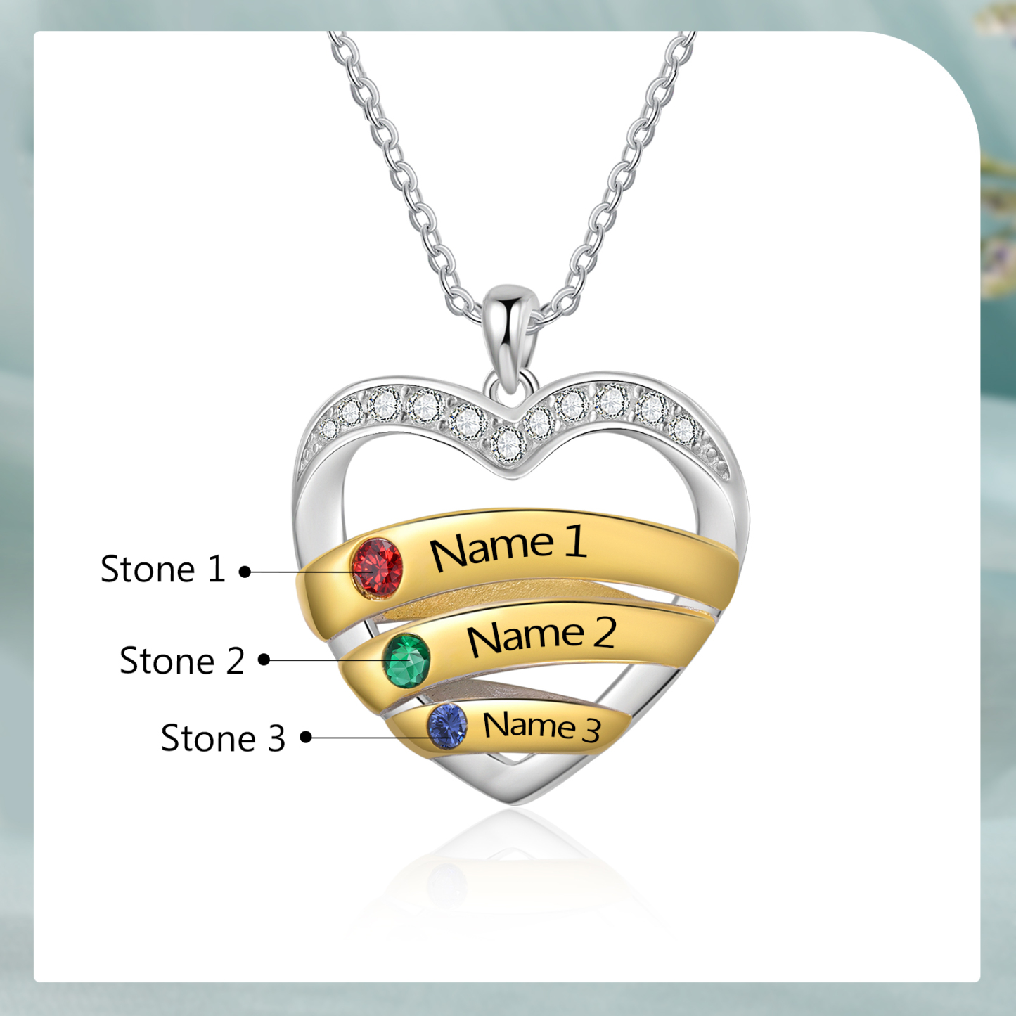 Collier Pendentif Cœur 3 Prénoms Personnalisés avec Pierre de Naissance Collier Femmes