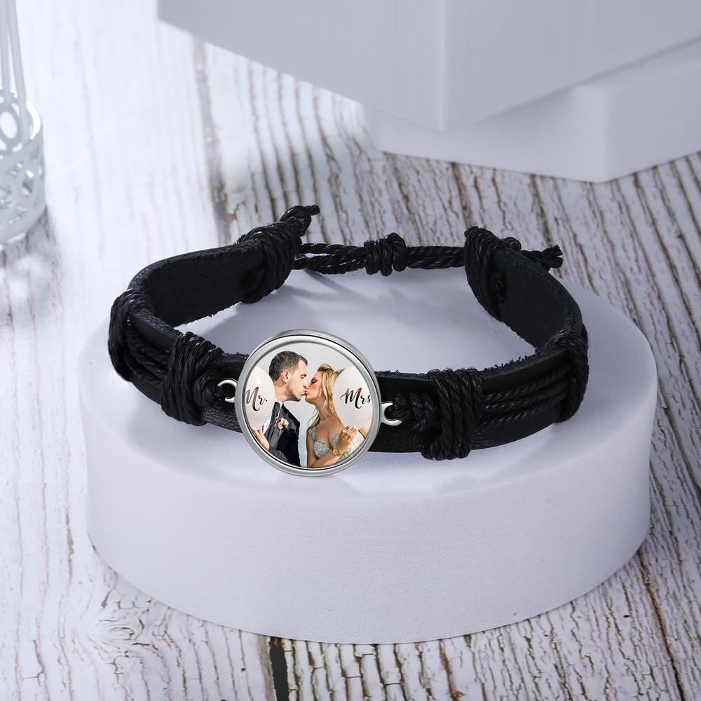Bracelet Photo Personnalisée Cuir Tressé pour Couple Noeud Coulissant