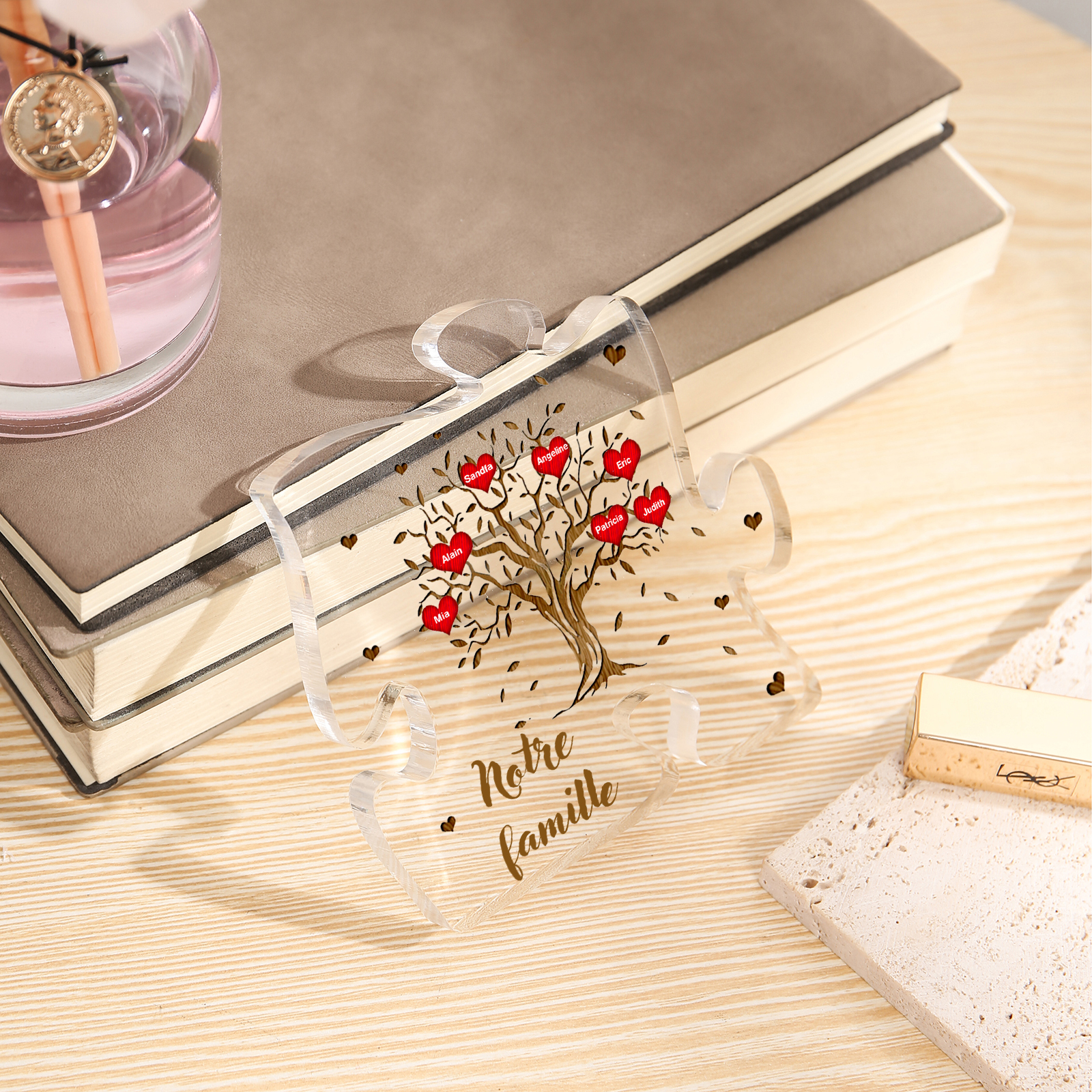 Plaque Acrylique en forme de Puzzle Arbre de Vie 7 Prénoms et Texte Personnalisés