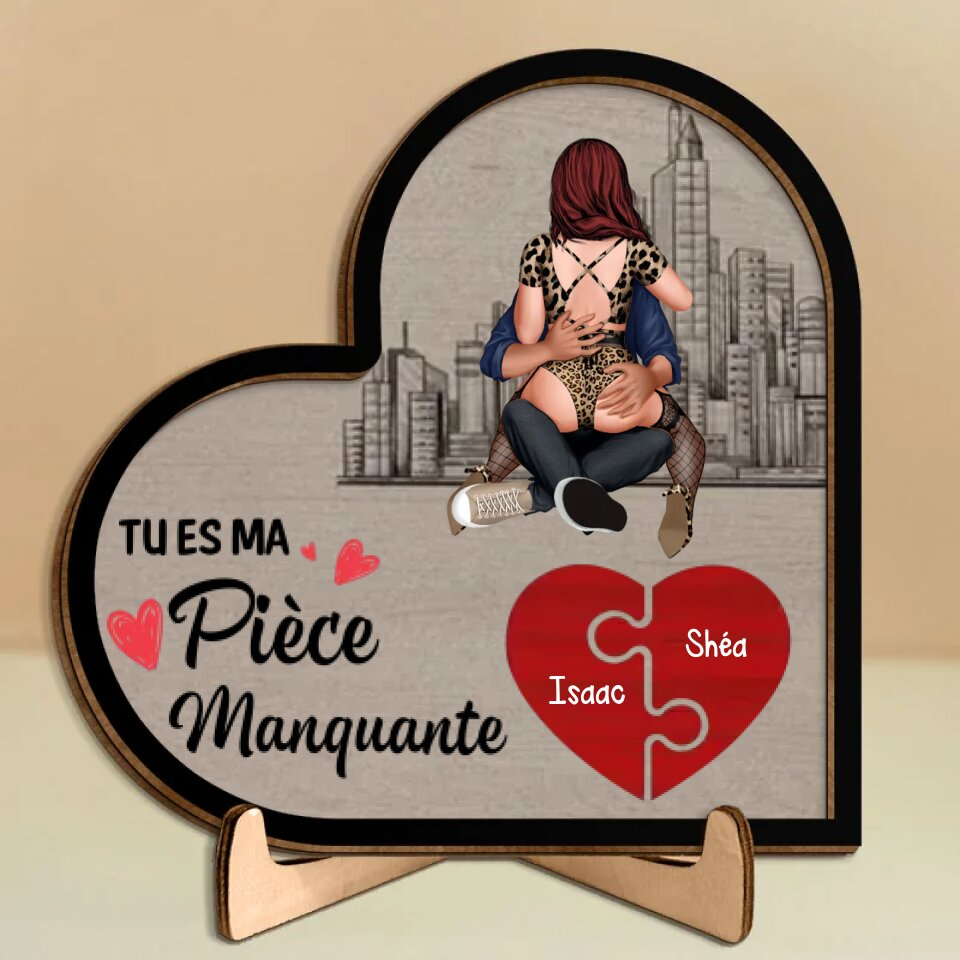 Plaque en Bois Cœur Puzzle avec Socle pour Couple, «Tu es ma pièce manquante»