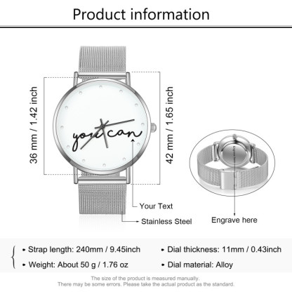 Montre Personnalisée Texte avec Gravure du prénom ou Message Bracelet en acier inoxydable