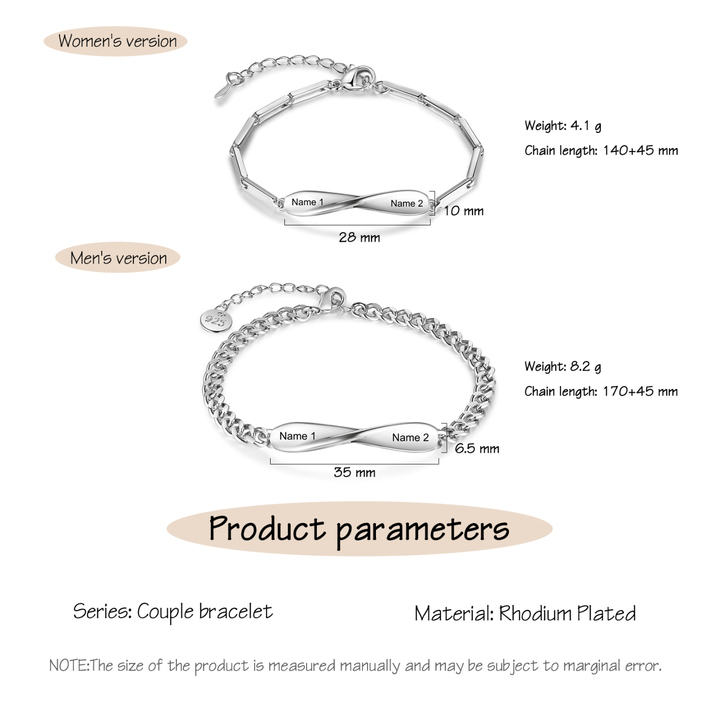 Bracelet couple 2PCS avec 2 Prénoms Personnalisé bracelet en commun