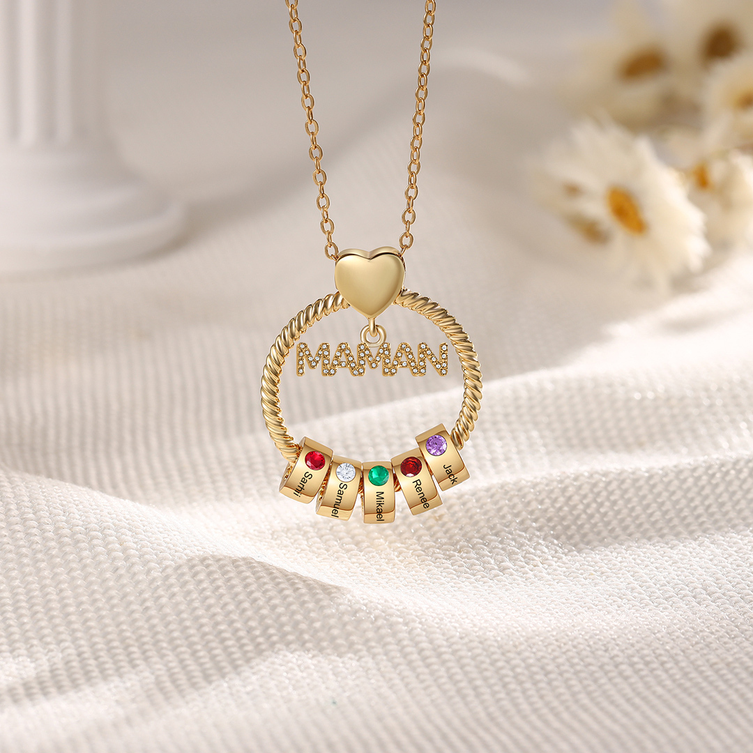 À ma Maman - Collier Pendentif 5 Prénoms Personnalisés avec Pierre de naissance