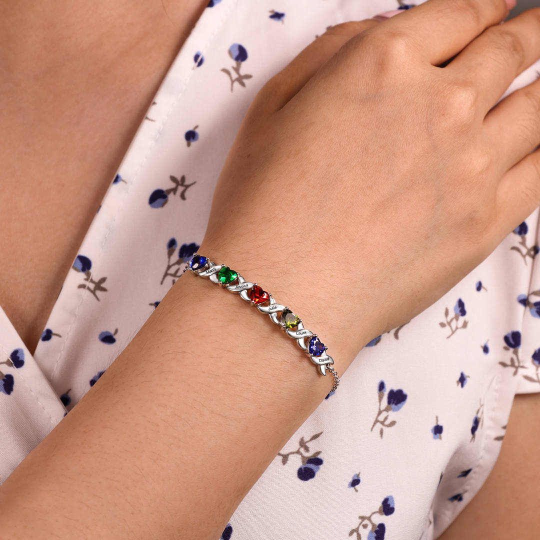 Bracelet à Breloque 3 Prénoms Personnalisé avec 3 Pierres de Naissance