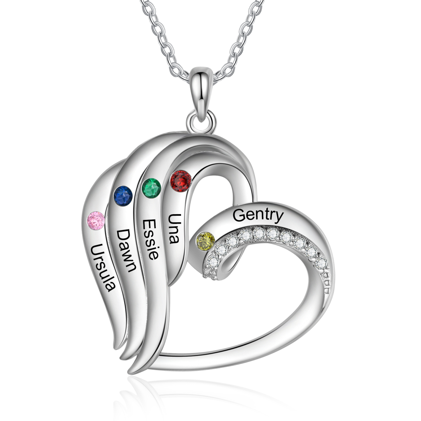 Collier Coeur 5 Prénoms Personnalisés avec Pierre de naissance pour Femmes|Jessemade