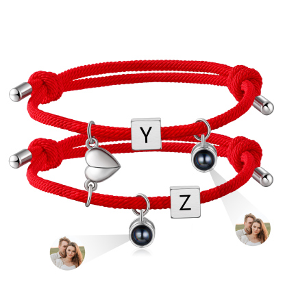 2PCS Bracelets Projection de Pierres 2 Lettres et 1 Photo Personnalisés Bracelets magnétiques pour Couple