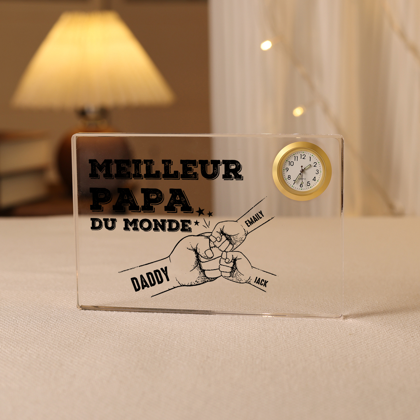 À mon Papa - Plaque Acrylique rectangle avec Horloge Poings 3 Prénoms Personnalisés