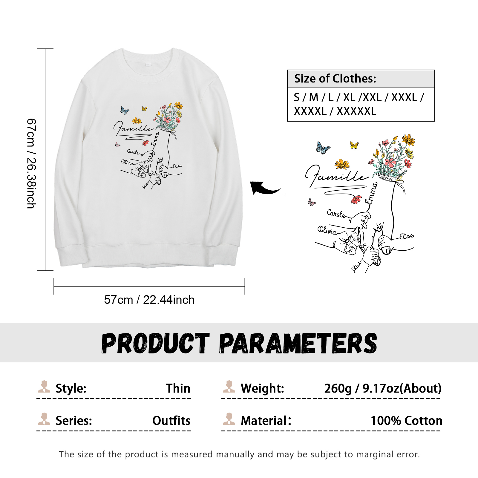 Sweat-Shirt la main dans la main 5 Prénoms Personnalisés avec Texte
