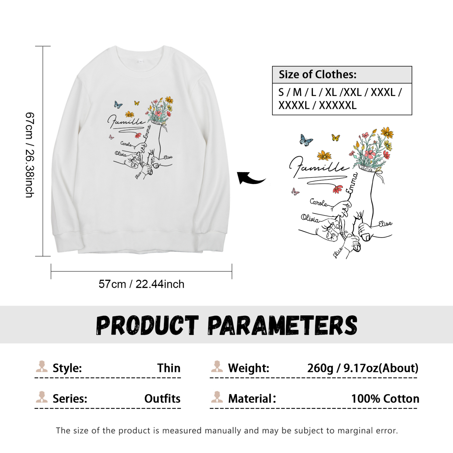 Sweat-Shirt la main dans la main 5 Prénoms Personnalisés avec Texte